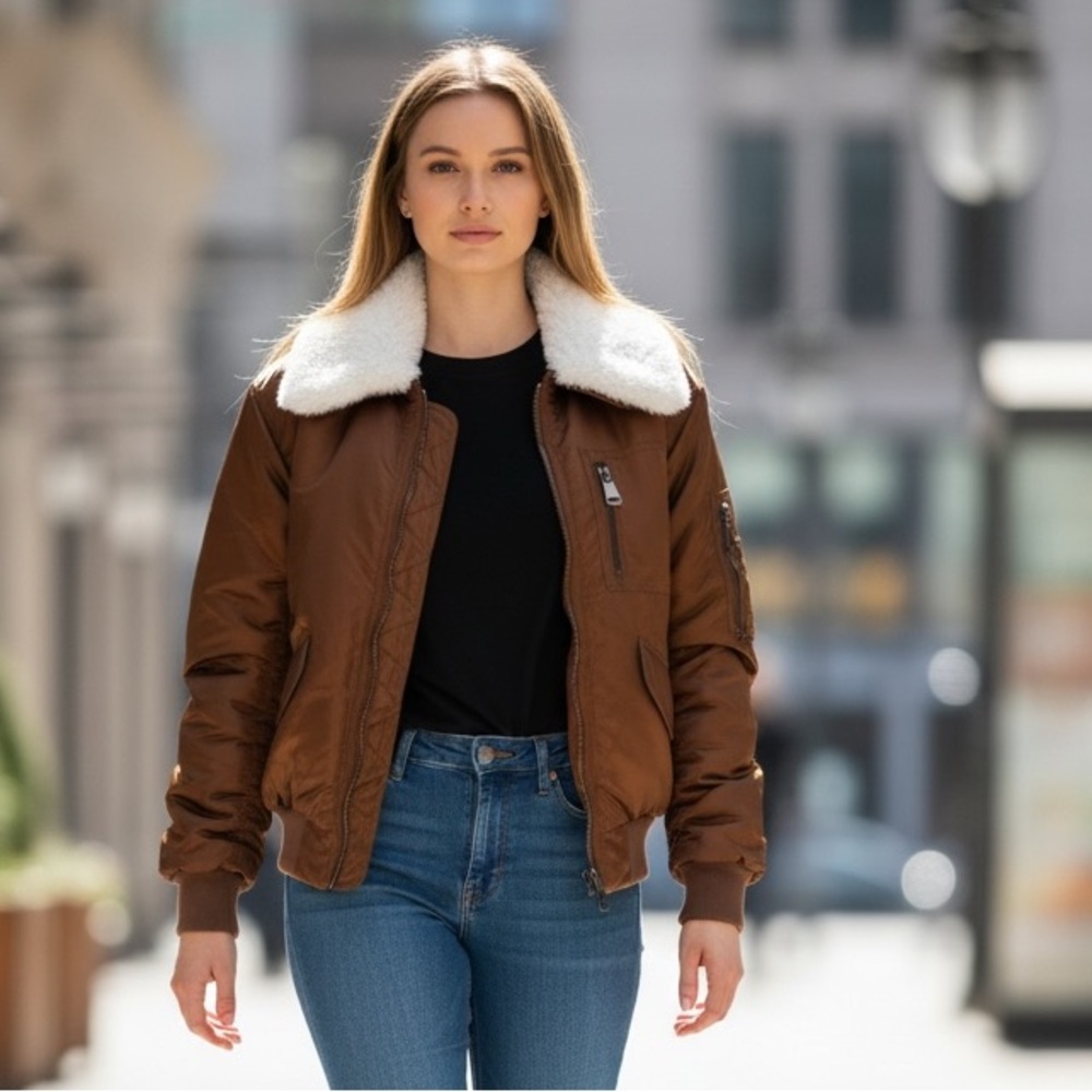 NWT NVLT Brown Satin Bomber Jacket Faux Shearling Collar Oversized Aviator Style